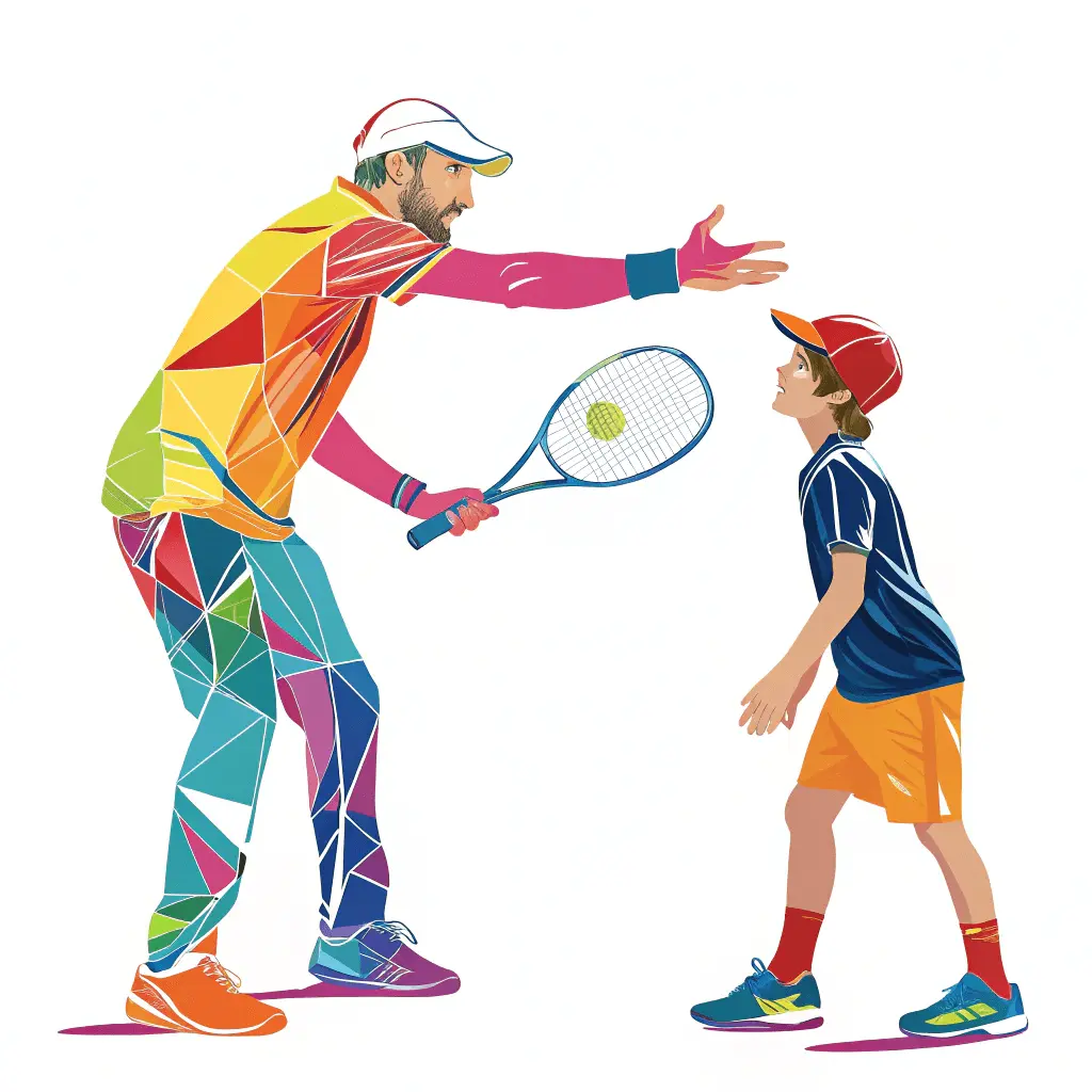 Graphic illustration of a tennis coach teaching a young tennis player. Insights on tennis coach development from Riccardo Leone's blog, Let's talk about tennis.